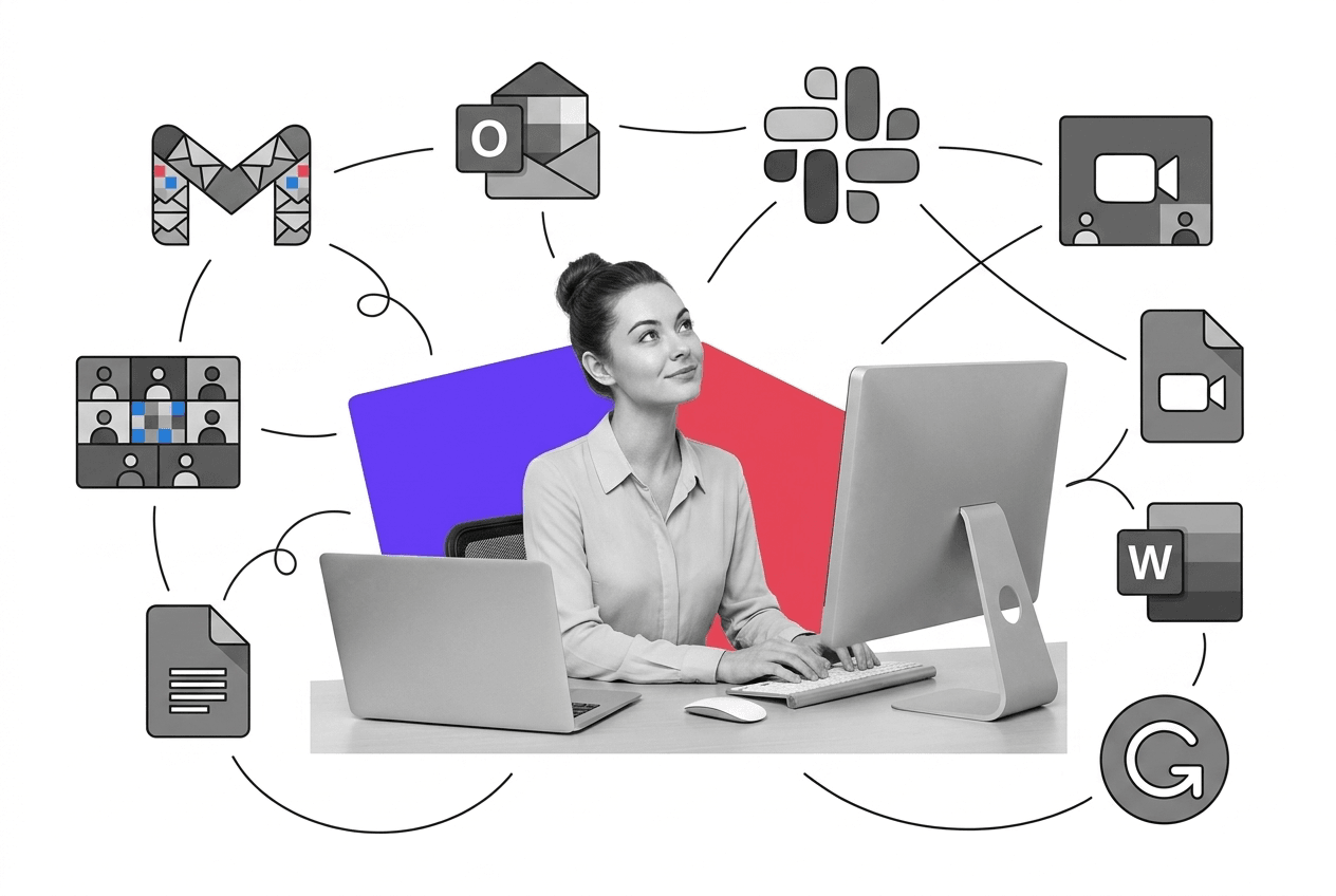 Specific communication, email, and writing software illustration showing Slack, Teams, Zoom, Gmail, Outlook, Google Docs, Word, and Grammarly