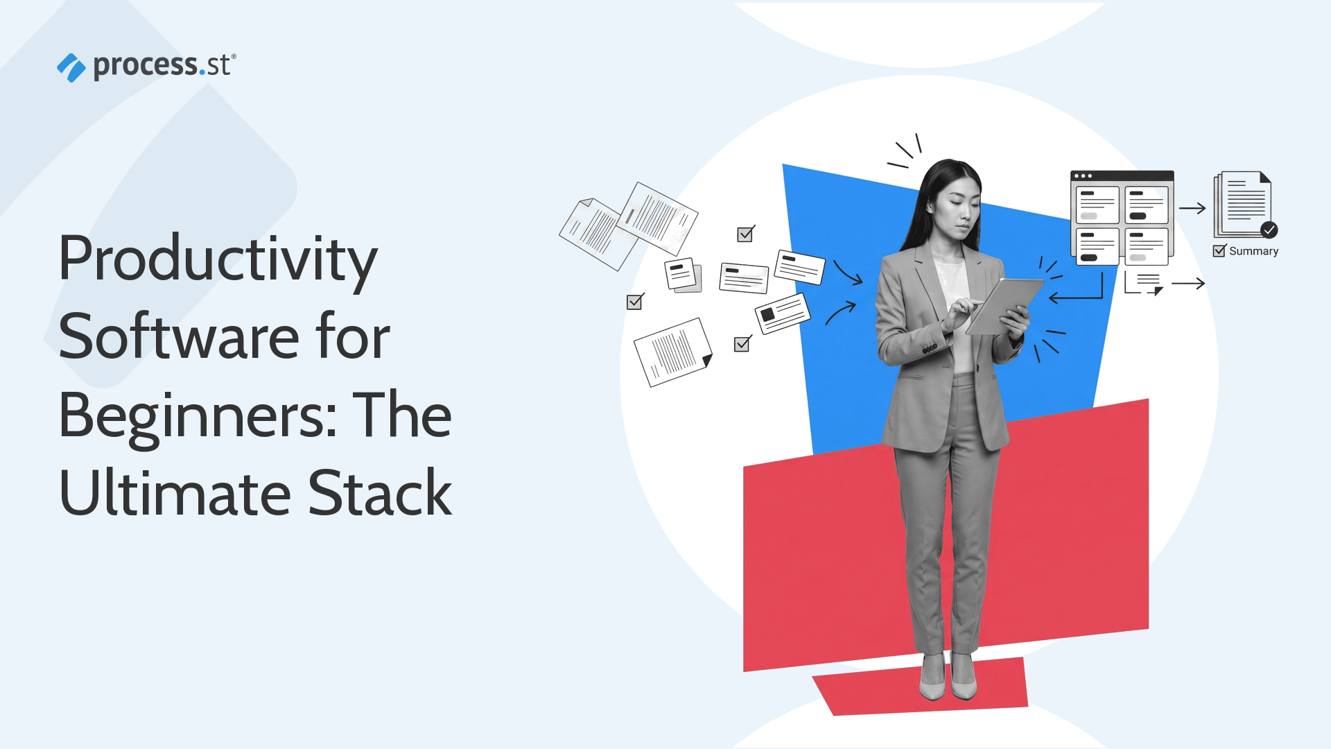 Productivity software illustration showing an operations leader organizing tools and workflows