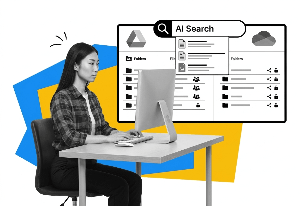 Specific storage software illustration showing Google Drive, OneDrive, structured folders, permissions, and AI search over organized files