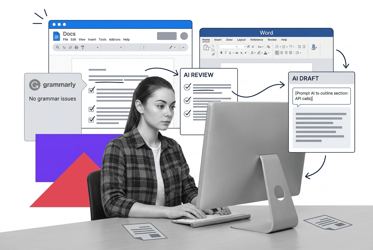 Specific writing software illustration showing Google Docs, Microsoft Word, Grammarly, and AI-assisted drafting and review