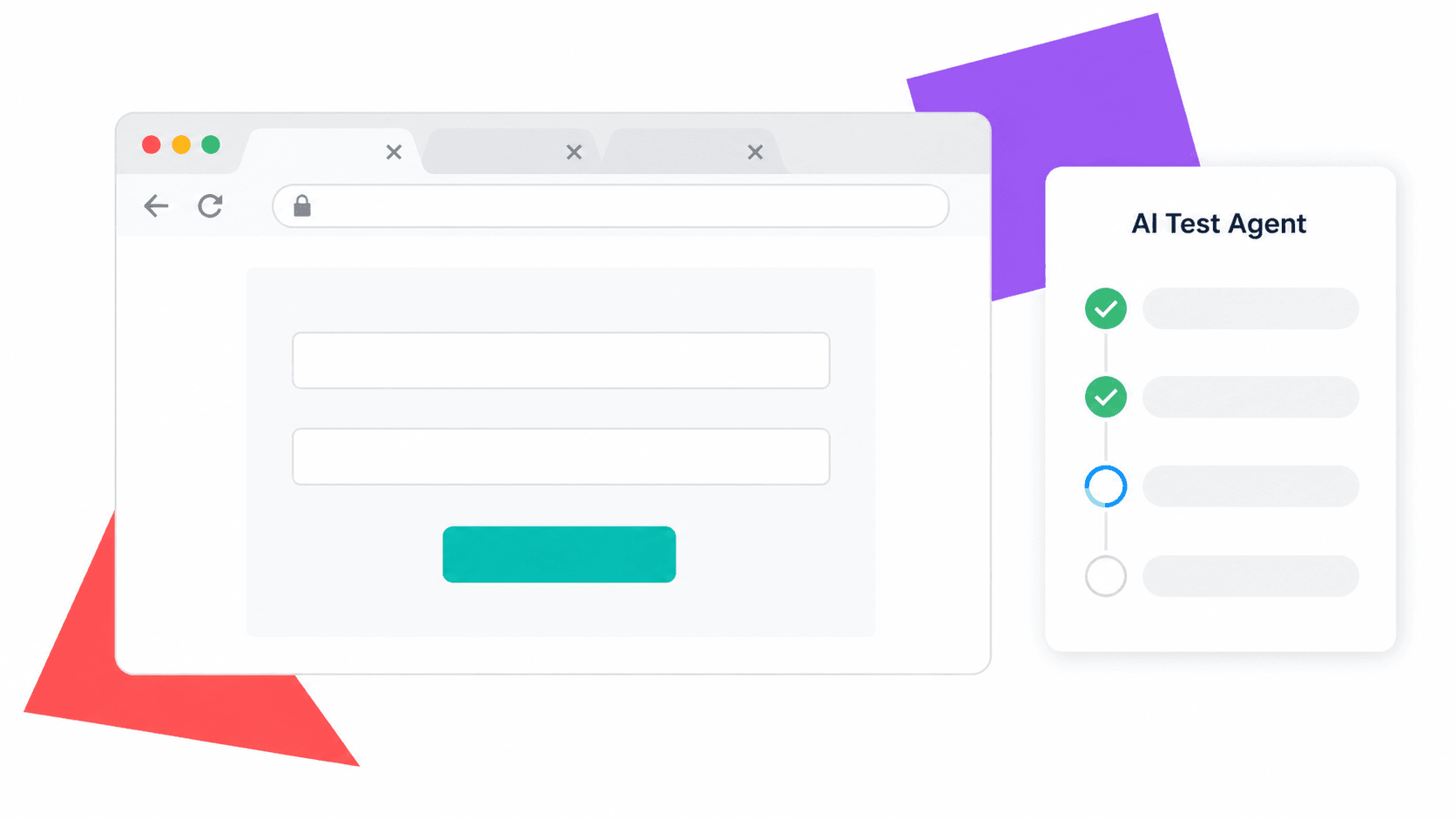 A Chrome browser running an AI Test Agent that drives an automated test sequence.