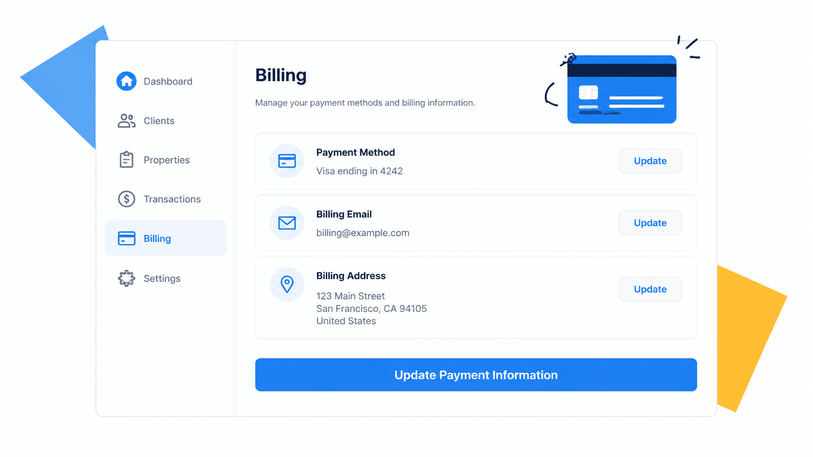 Process Street billing management panel showing payment method and billing details