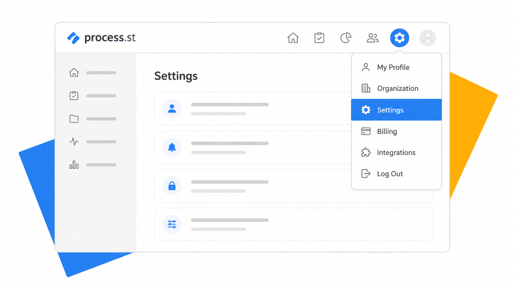 Process Street settings navigation showing how to access billing settings