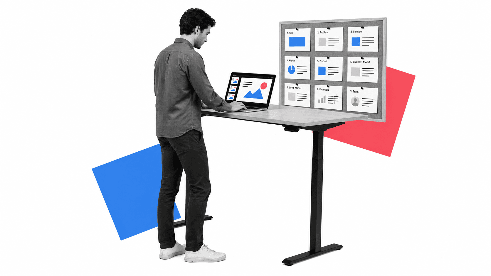 Founder building a venture capital pitch deck with presentation software and structured slide layout