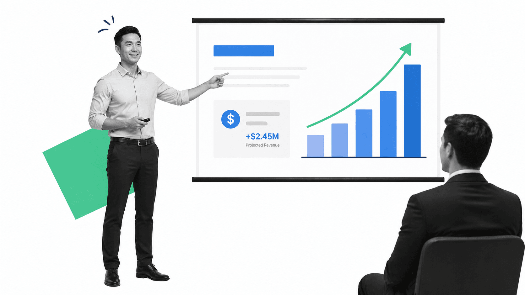 Founder presenting a pitch deck to venture capital investors with financial projections on screen