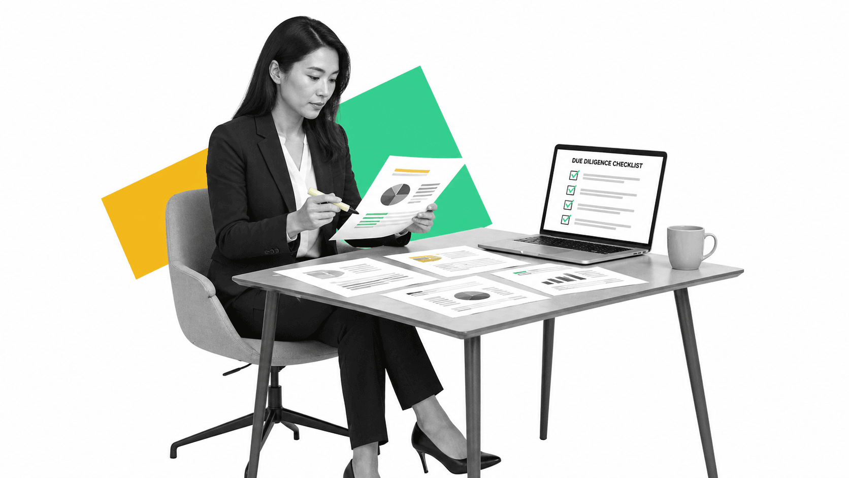 Venture capital investor reviewing pitch deck materials and due diligence checklist
