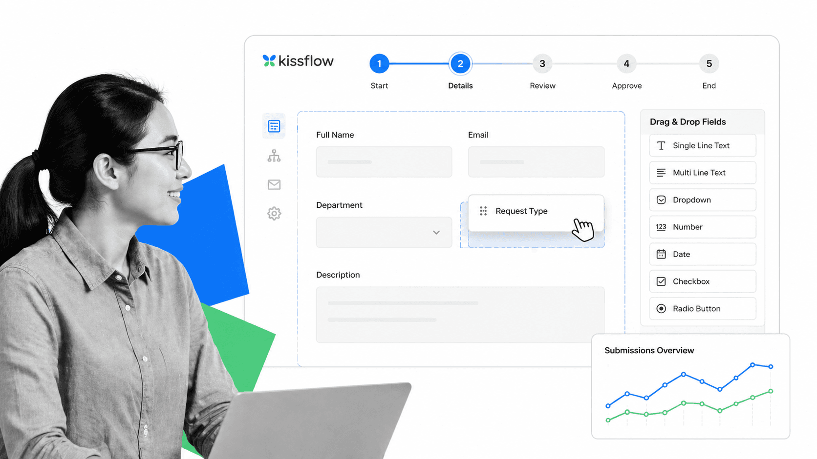 Kissflow no-code process builder with drag-and-drop form fields
