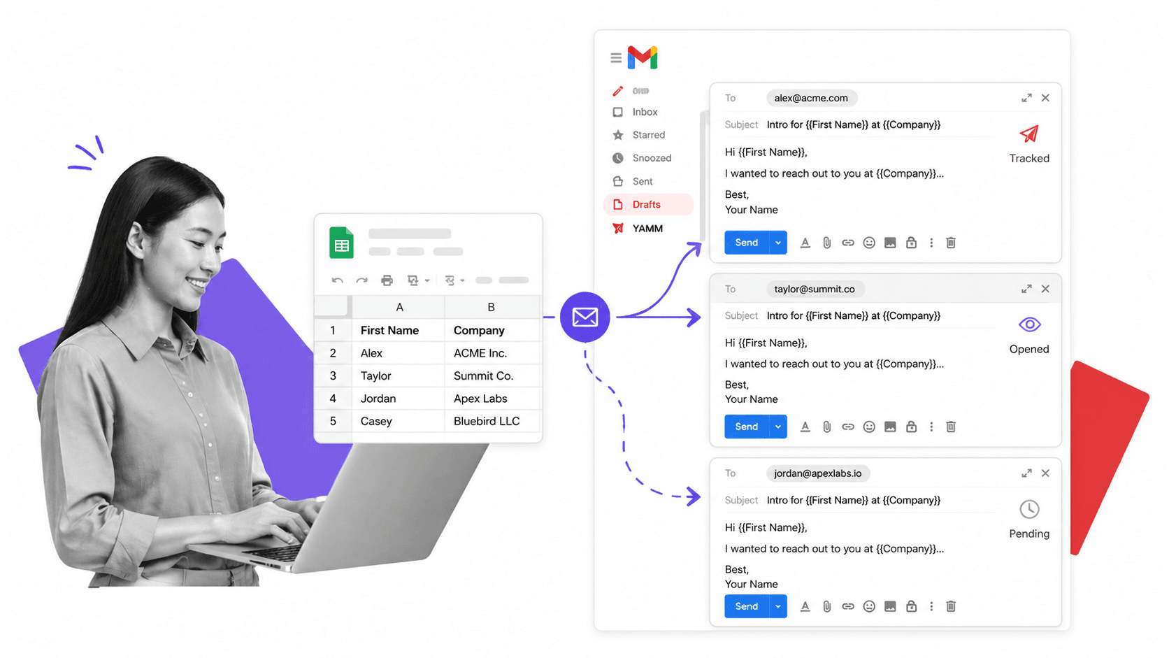 Illustration of a Google Sheets powered YAMM mail merge sending personalized Gmail messages