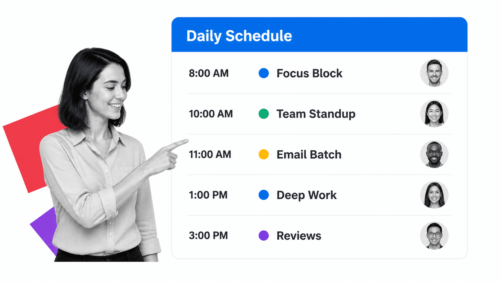 Daily schedule workflow showing time-blocked tasks including focus blocks, team standup, email batch, and reviews