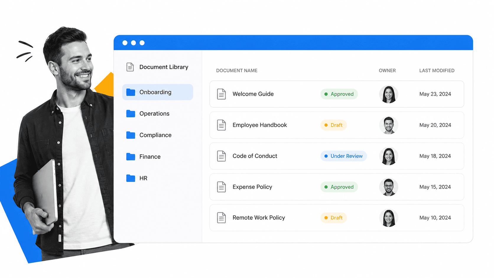 Document library panel showing organized knowledge categories with status badges and owner avatars