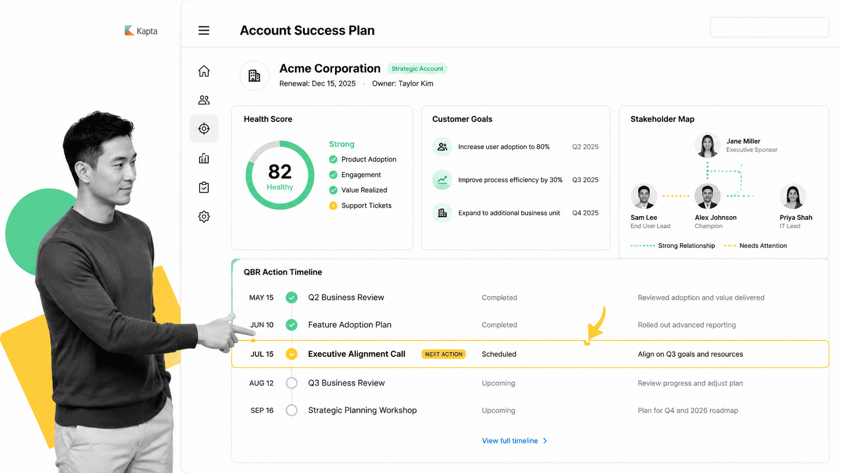 Kapta account planning workspace with account health, customer goals, QBR timeline, and stakeholder map