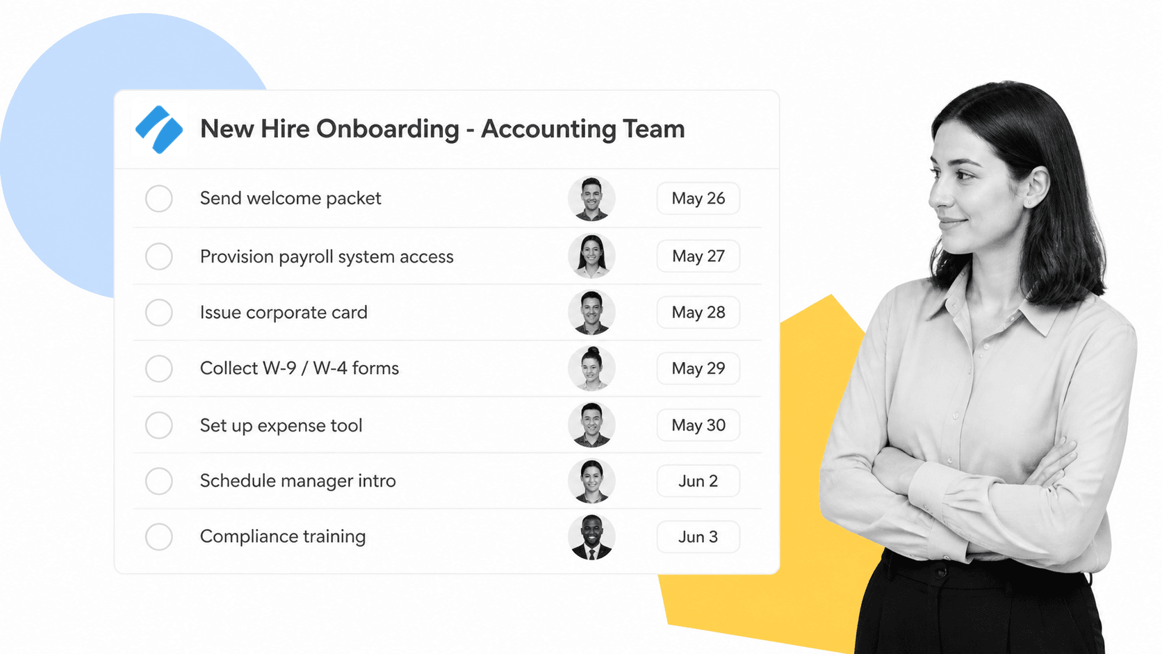 Process Street workflow editor showing an accounting team onboarding checklist with seven sequenced tasks, assignees, and due dates