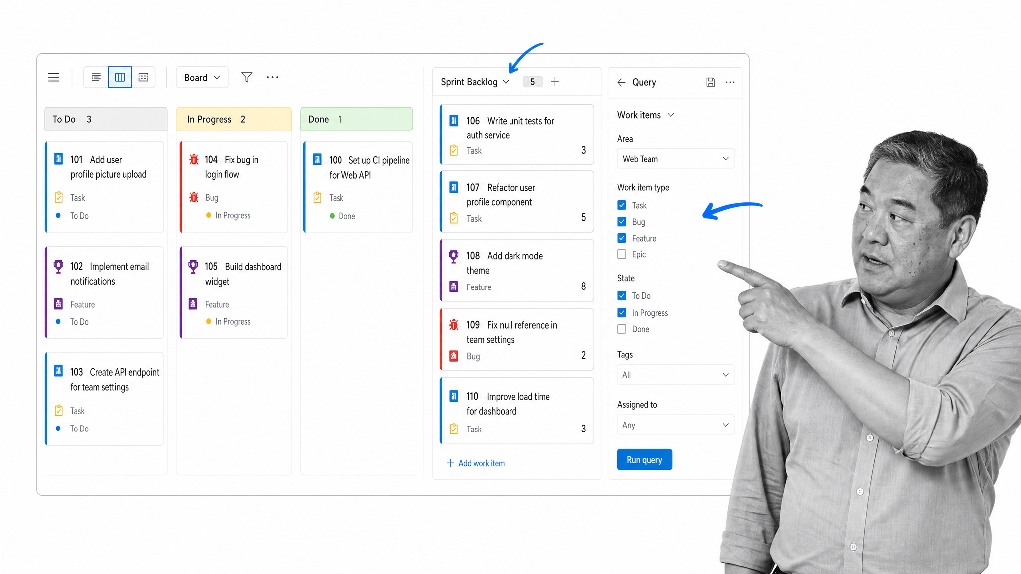 Azure Boards agile workflow software interface showing Azure DevOps board with work items, sprint backlog, and query pane