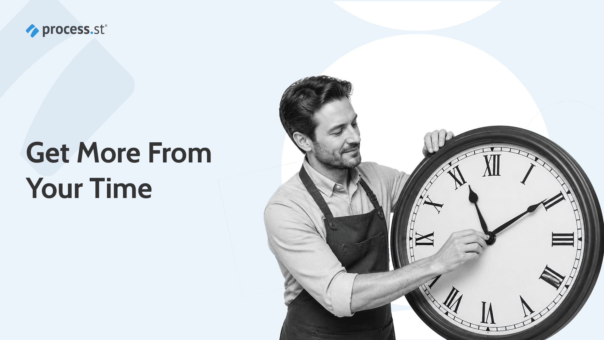 Person in a work apron carefully adjusting the hands of a large vintage wall clock, illustrating deliberate time management