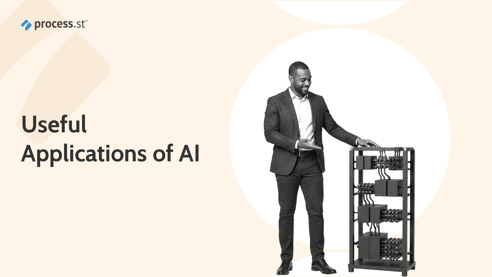 Applications of AI hero with operations leader presenting a modular AI process frame