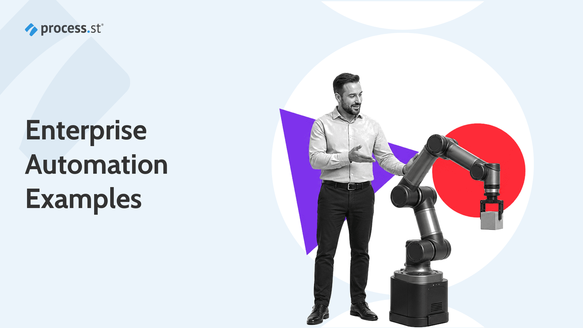 Black-and-white operations manager beside a robotic arm illustrating enterprise automation examples