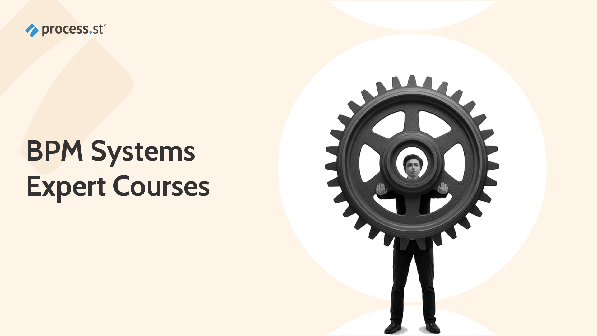 Black and white photo cutout of a systems practitioner holding an oversized gear for BPM and Six Sigma courses.