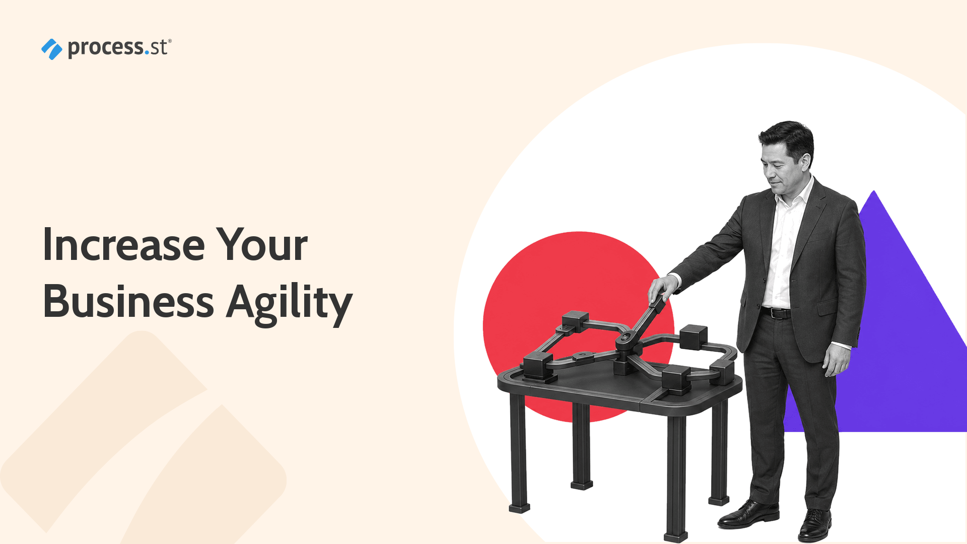 Black-and-white operations leader adjusting a modular process-flow model for business agility