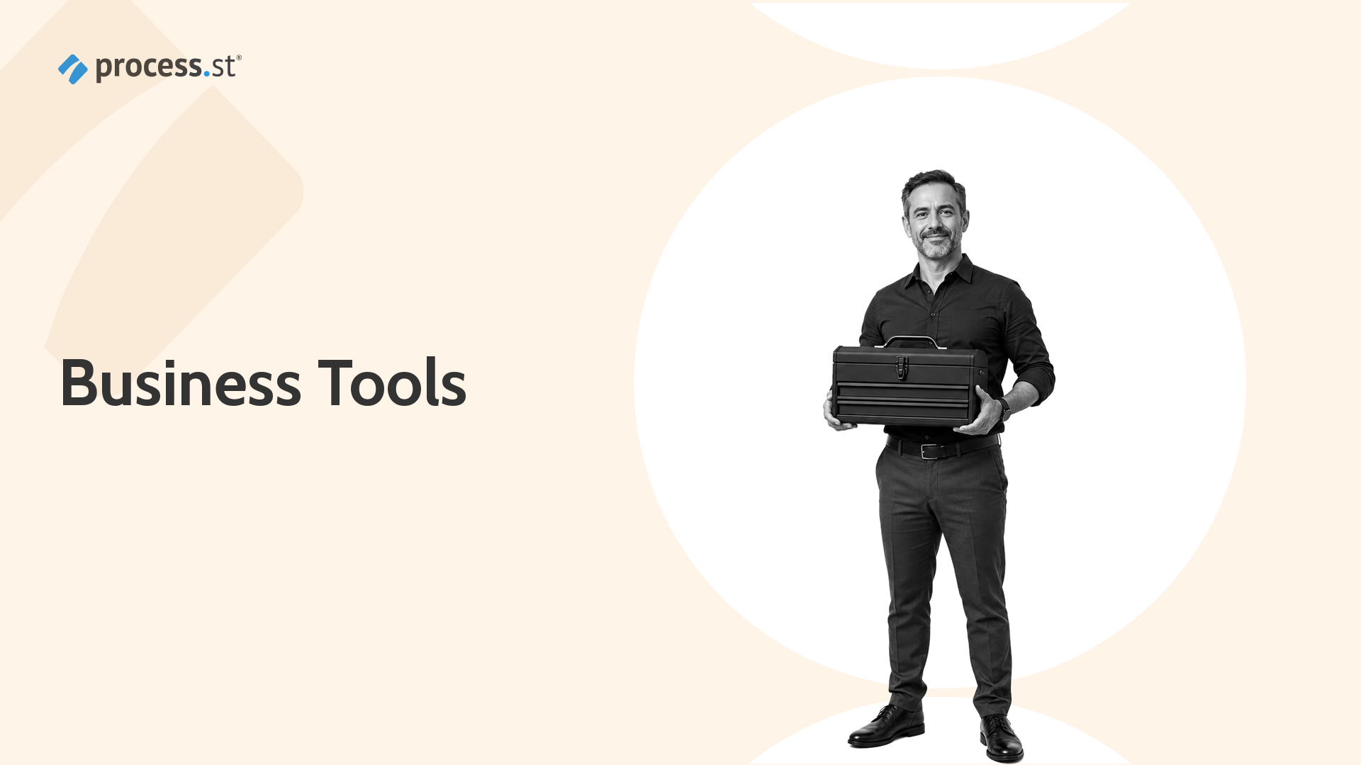 Best business tools hero with an operations manager holding a dark toolbox