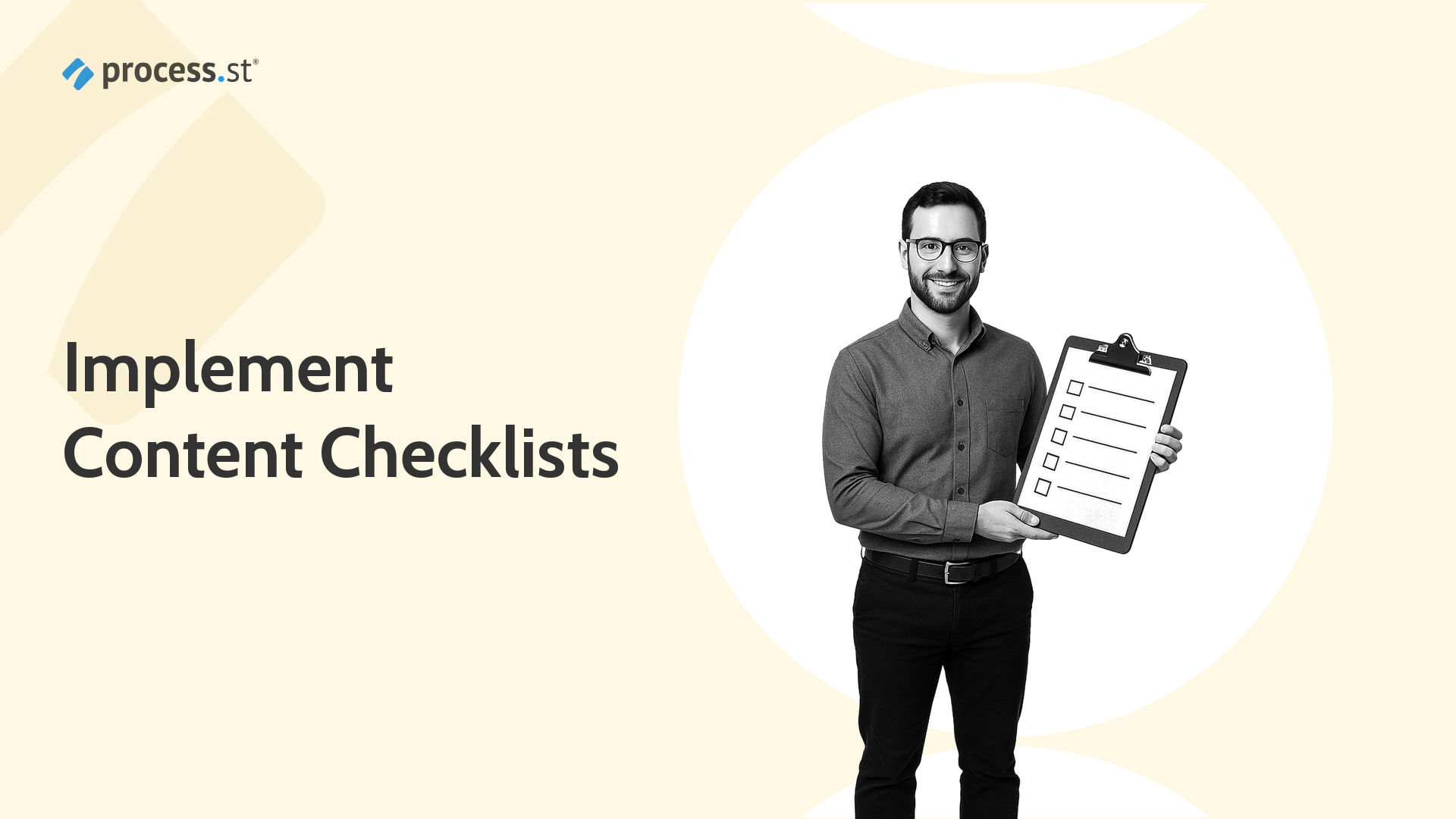 Black and white content editor holding a checklist clipboard for blogger content operations
