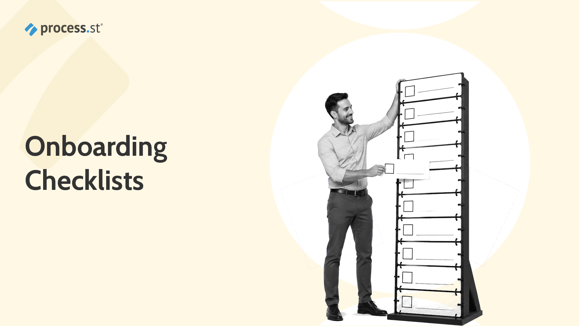 Operations manager arranging an oversized checklist tower for client onboarding