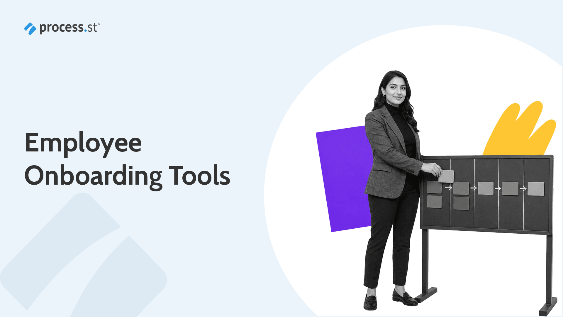 An HR onboarding lead presenting an onboarding journey board with movable stage tiles, representing employee onboarding tools that sequence a new hire's first weeks