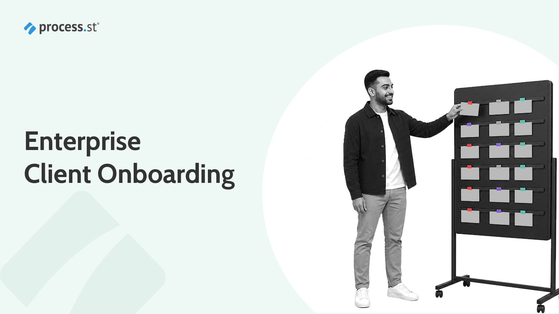 Enterprise client onboarding header showing an implementation lead organizing a milestone board