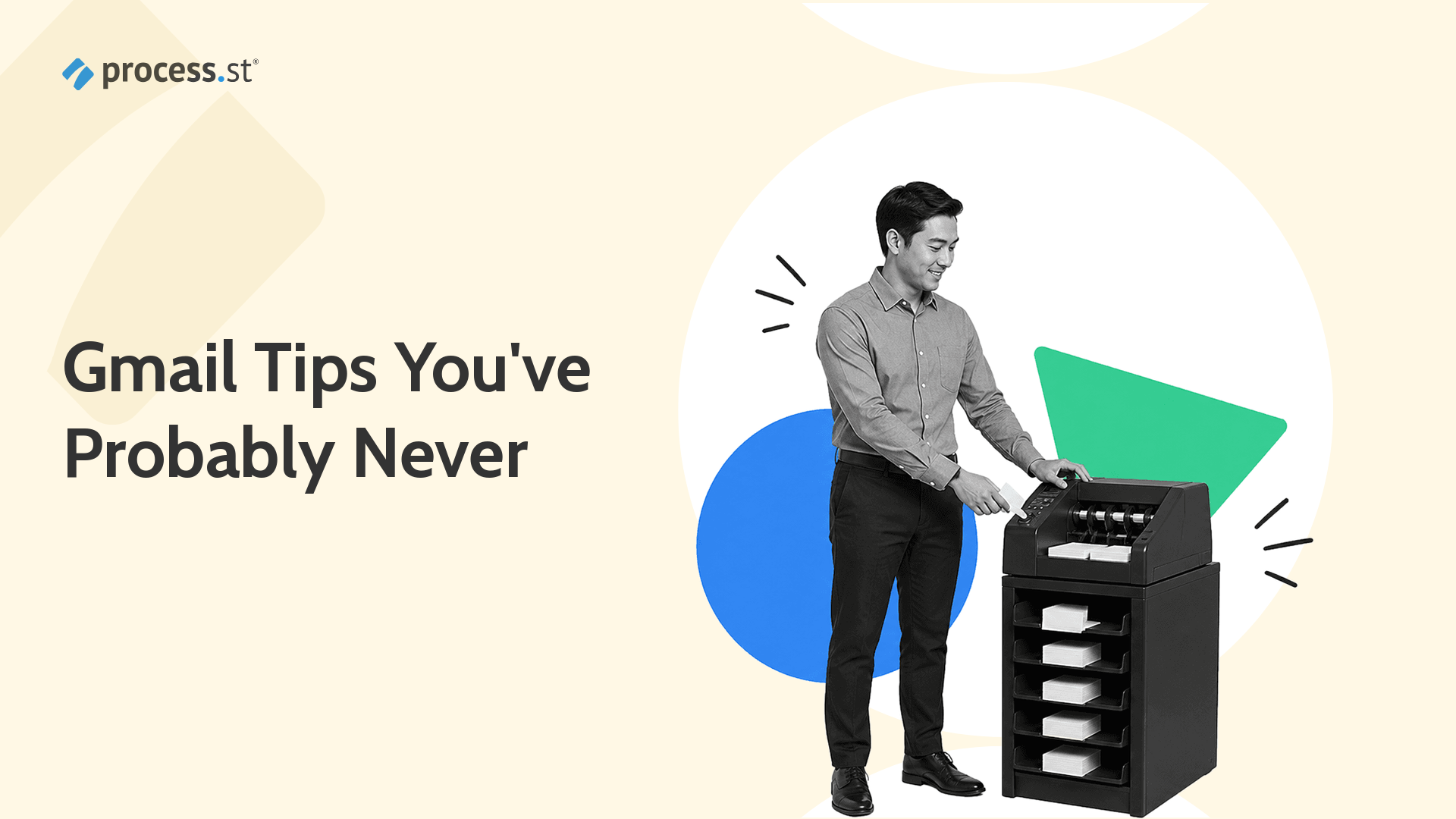 Black and white email operator sorting messages with a compact mail sorting machine for Gmail tips.
