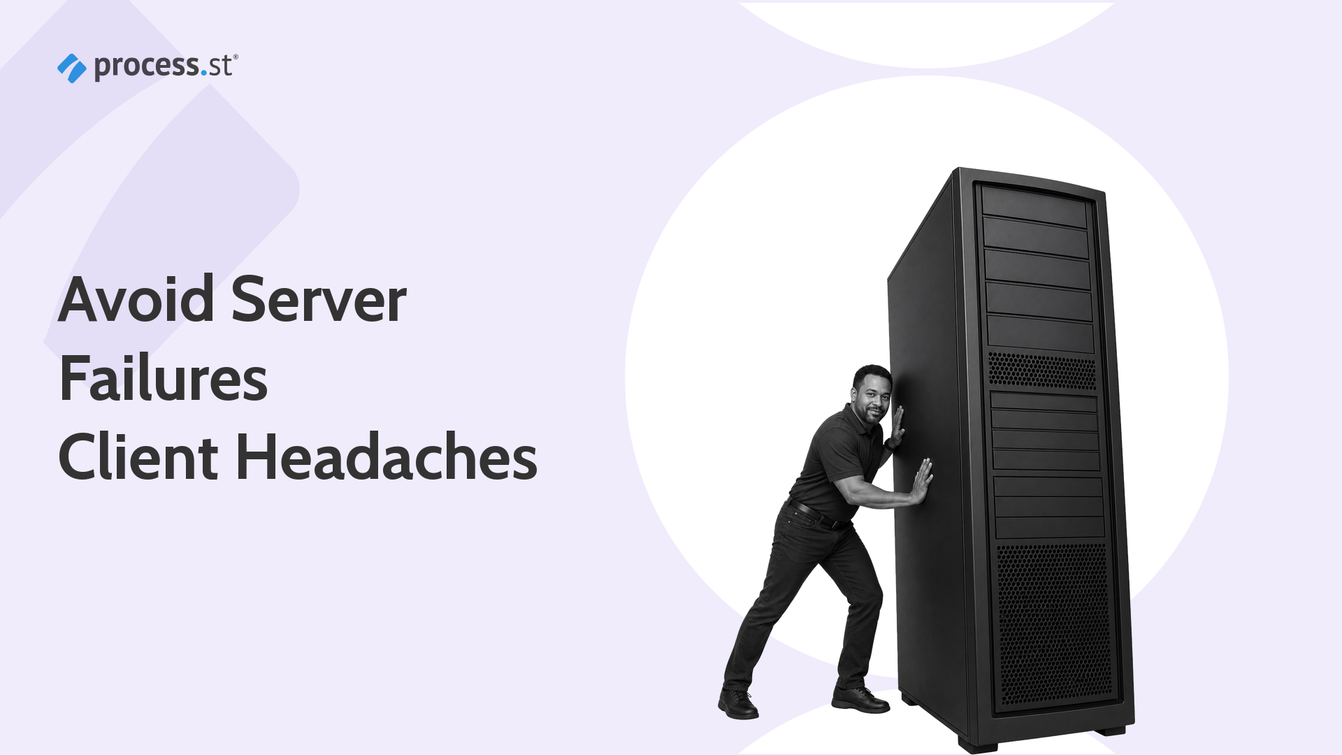Black-and-white IT operations lead steadying an oversized server tower