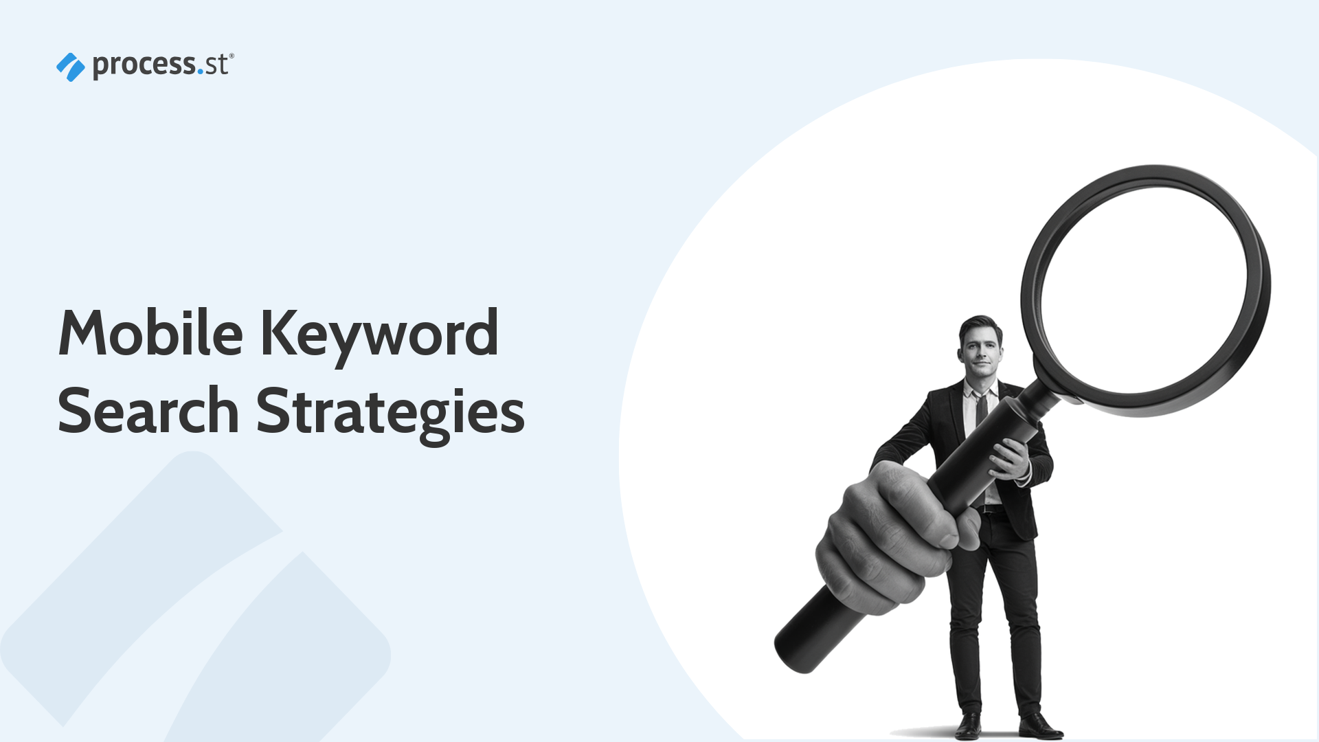 Photo-style header showing a marketer holding a magnifying glass for mobile keyword search strategies.