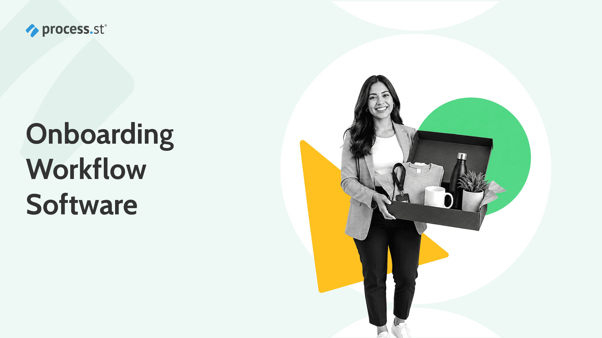 New employee presenting a welcome onboarding kit box, illustrating onboarding workflow software