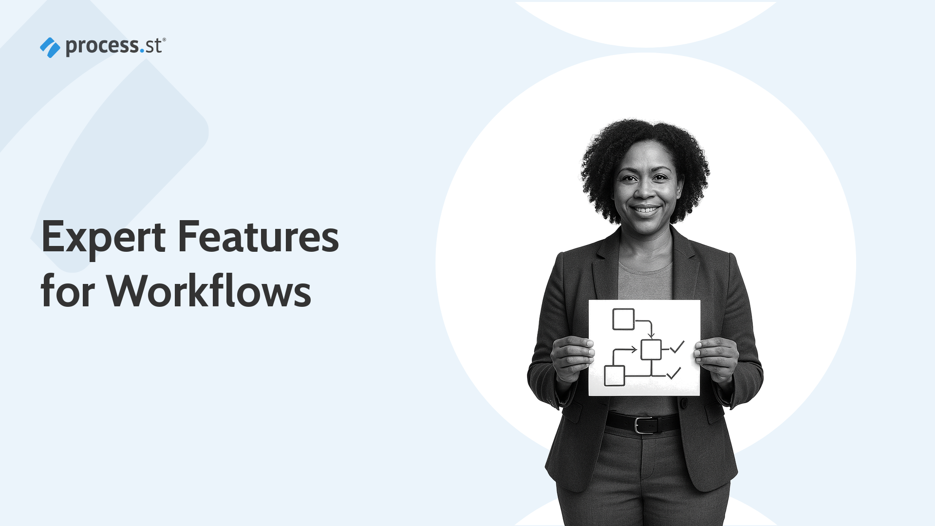 Grayscale operations lead holding a workflow card for Process Street expert features