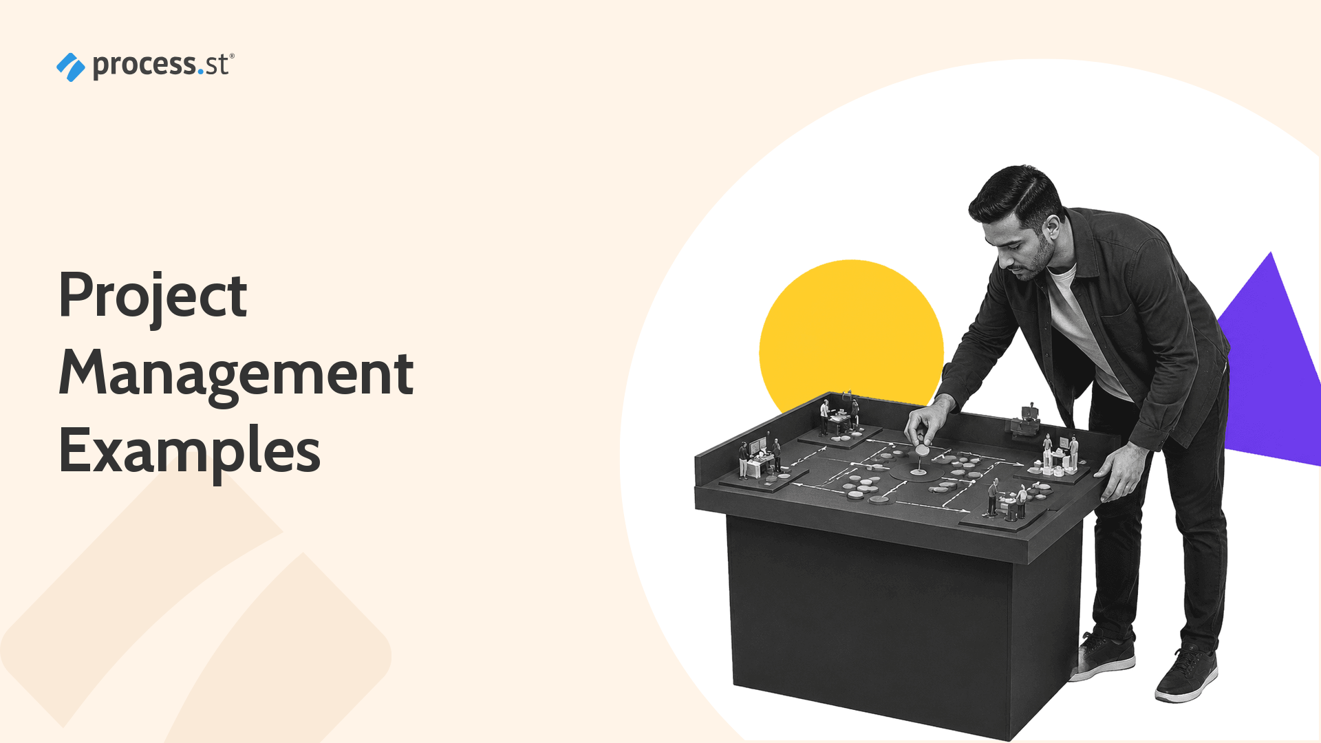 Project management tools examples hero showing an operations director examining a project lifecycle diorama