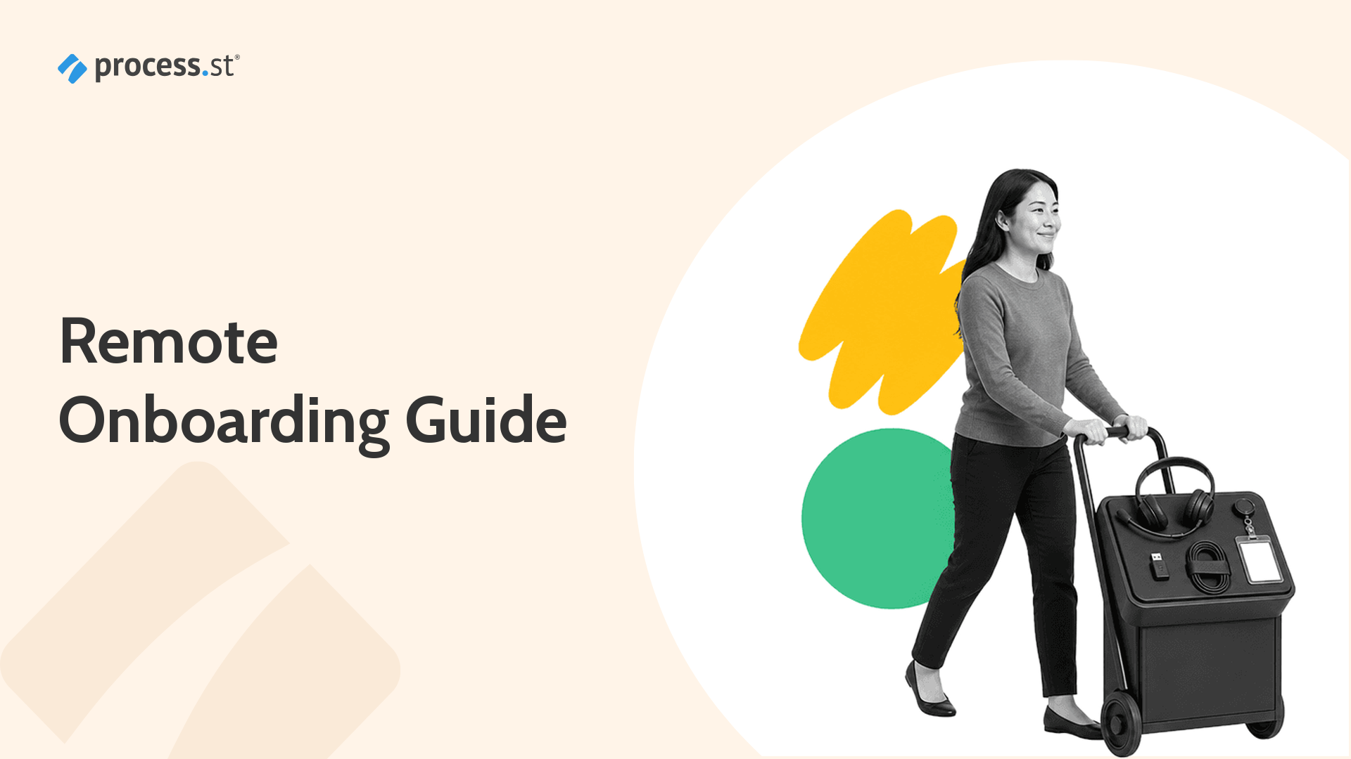 Remote onboarding guide hero image showing an HR operations manager pushing a compact onboarding equipment cart