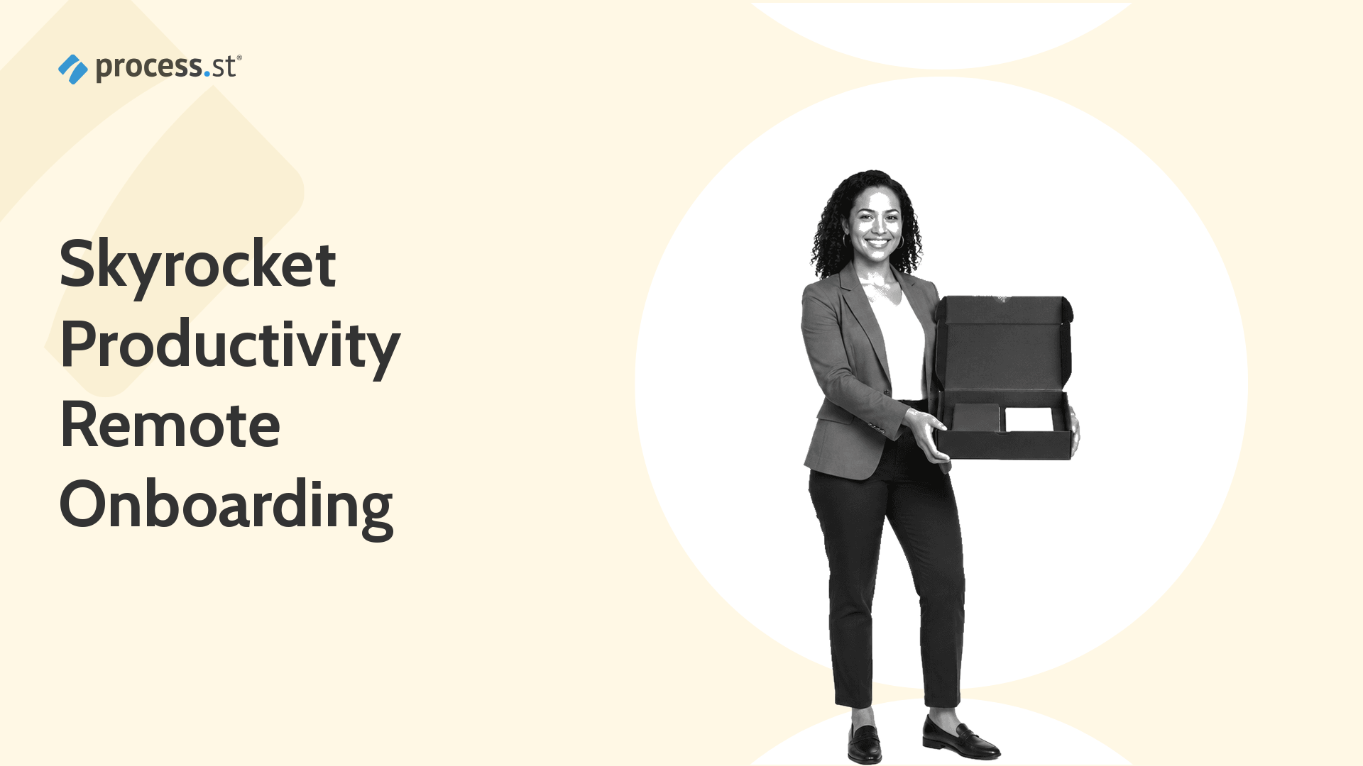 Remote onboarding best practices to skyrocket productivity, illustrated by an HR manager holding a structured welcome kit.