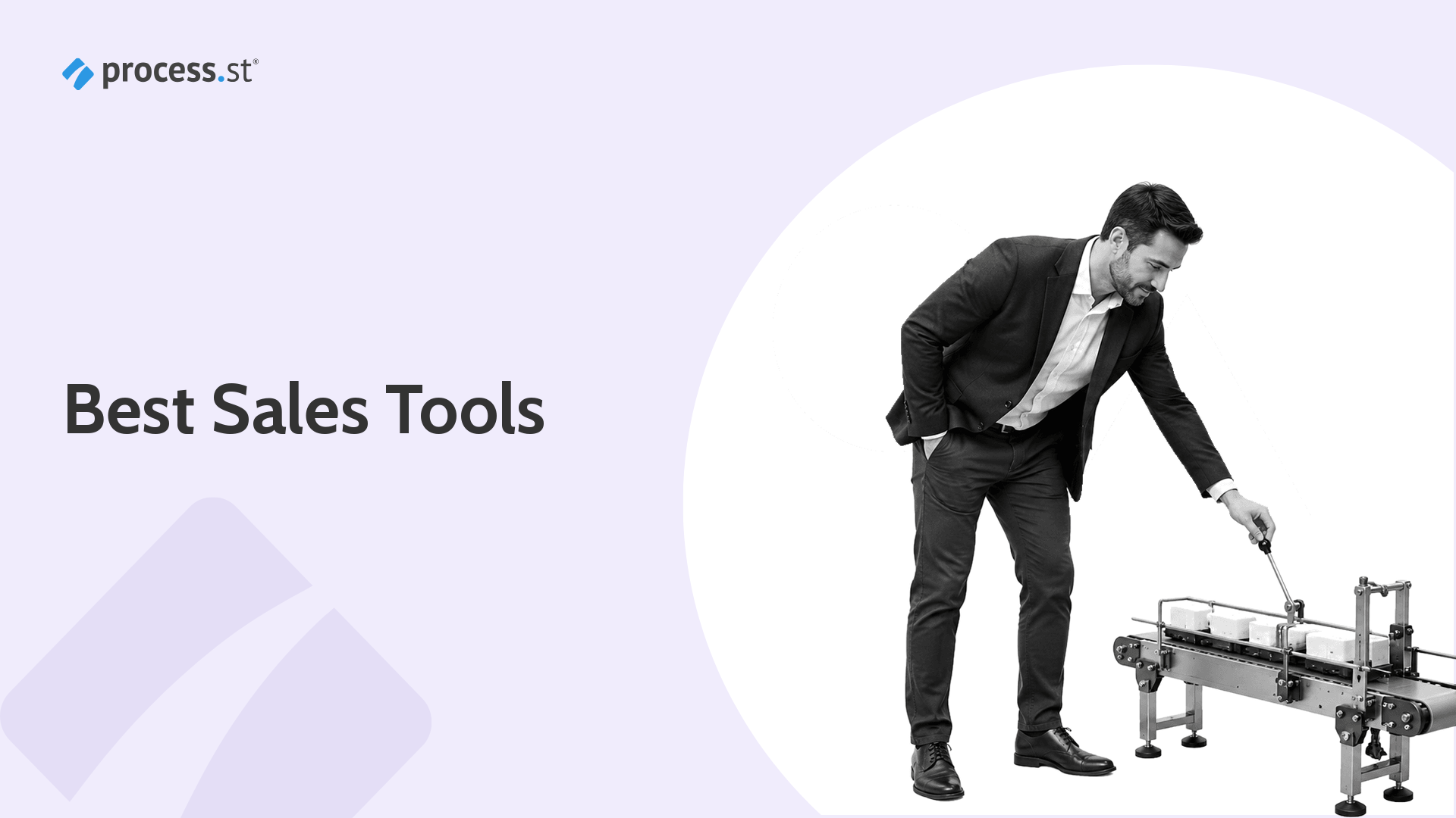 Revenue operations manager adjusting a miniature sales pipeline conveyor for a guide to the best sales tools.