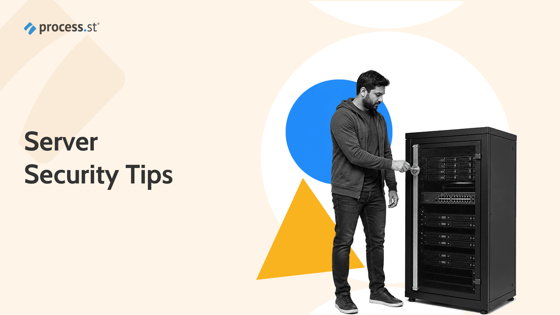 Black-and-white sysadmin securing a compact server rack for a Linux server security guide