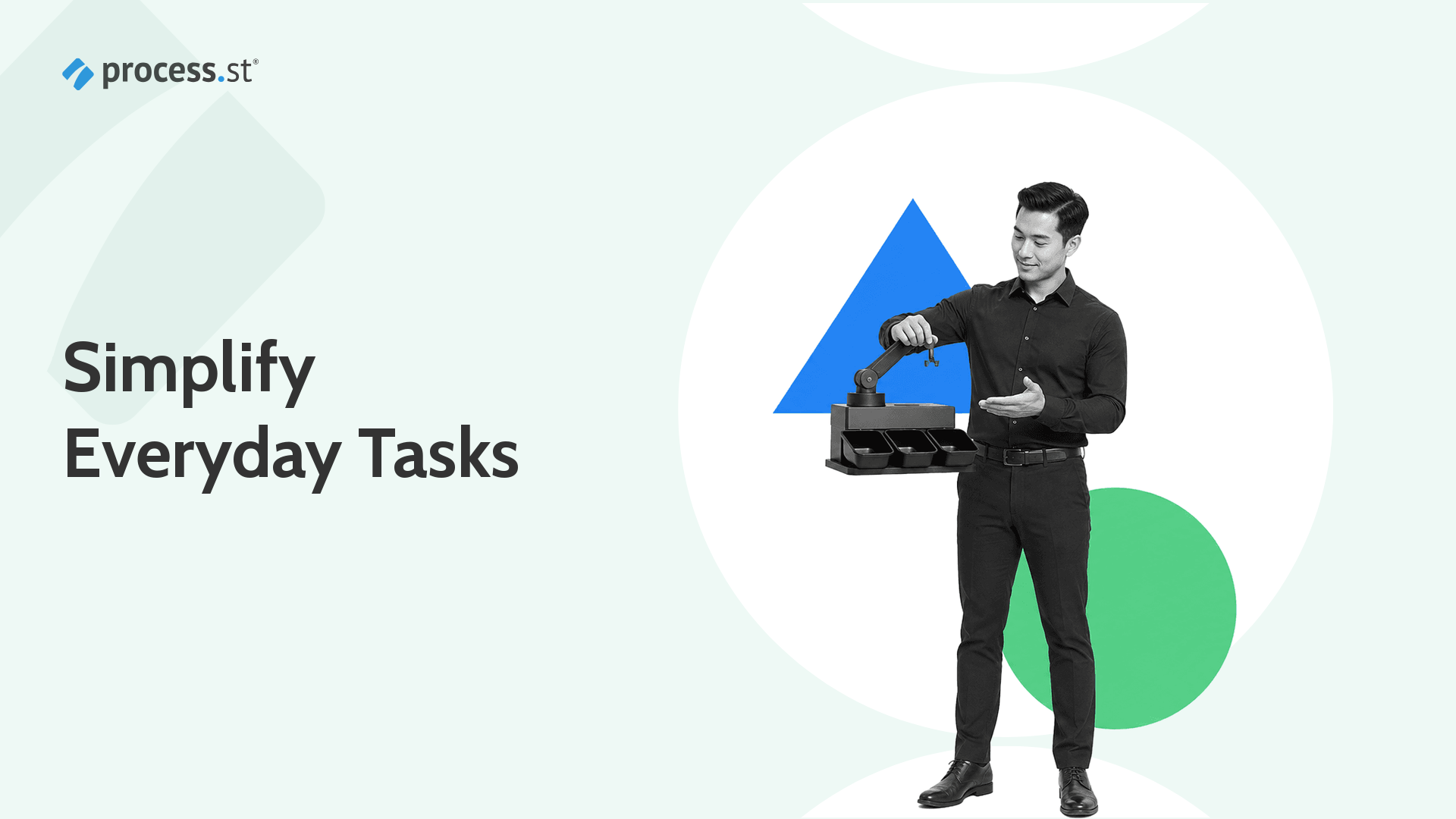 Black-and-white operations manager adjusting a compact robotic message sorter for Slack bot automation
