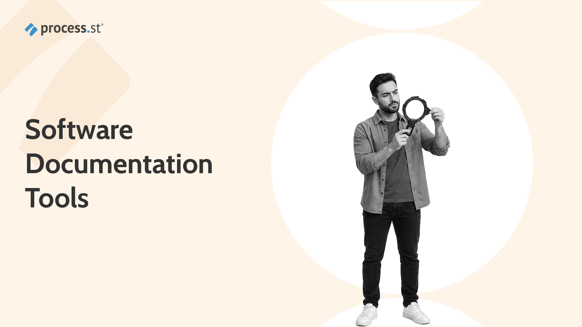 Black-and-white technical documentation lead inspecting a code annotation magnifier for software documentation tools.