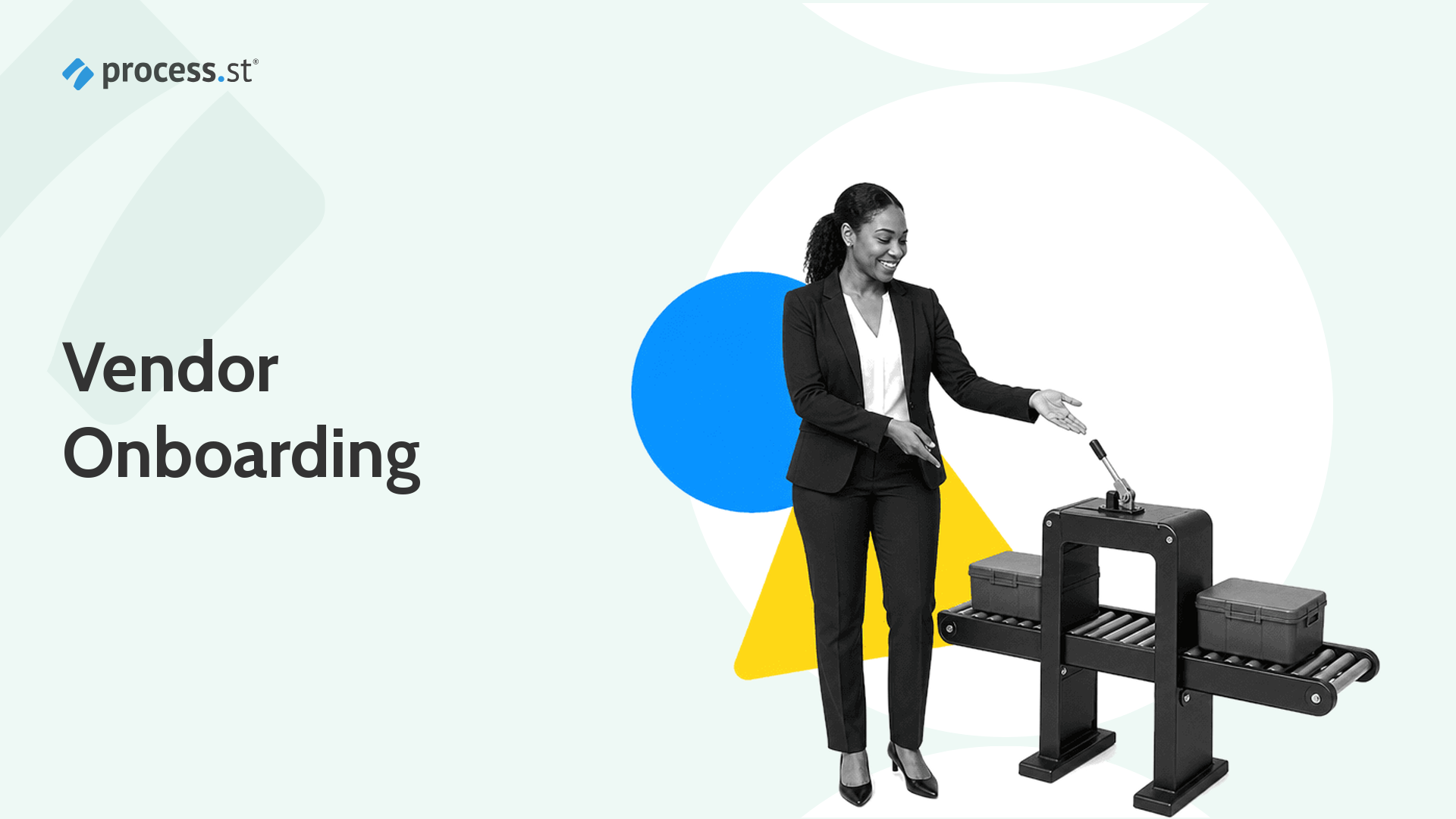 Procurement operations lead presenting a supplier intake conveyor gate for vendor onboarding