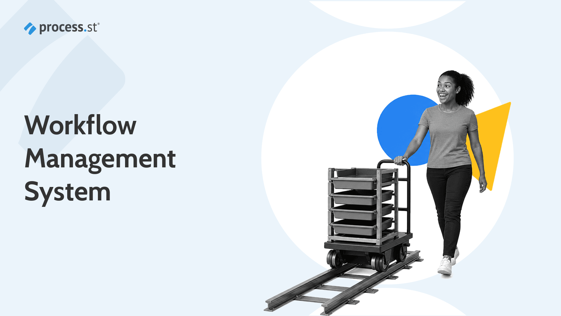 Operations leader guiding a miniature routing cart that represents a workflow management system