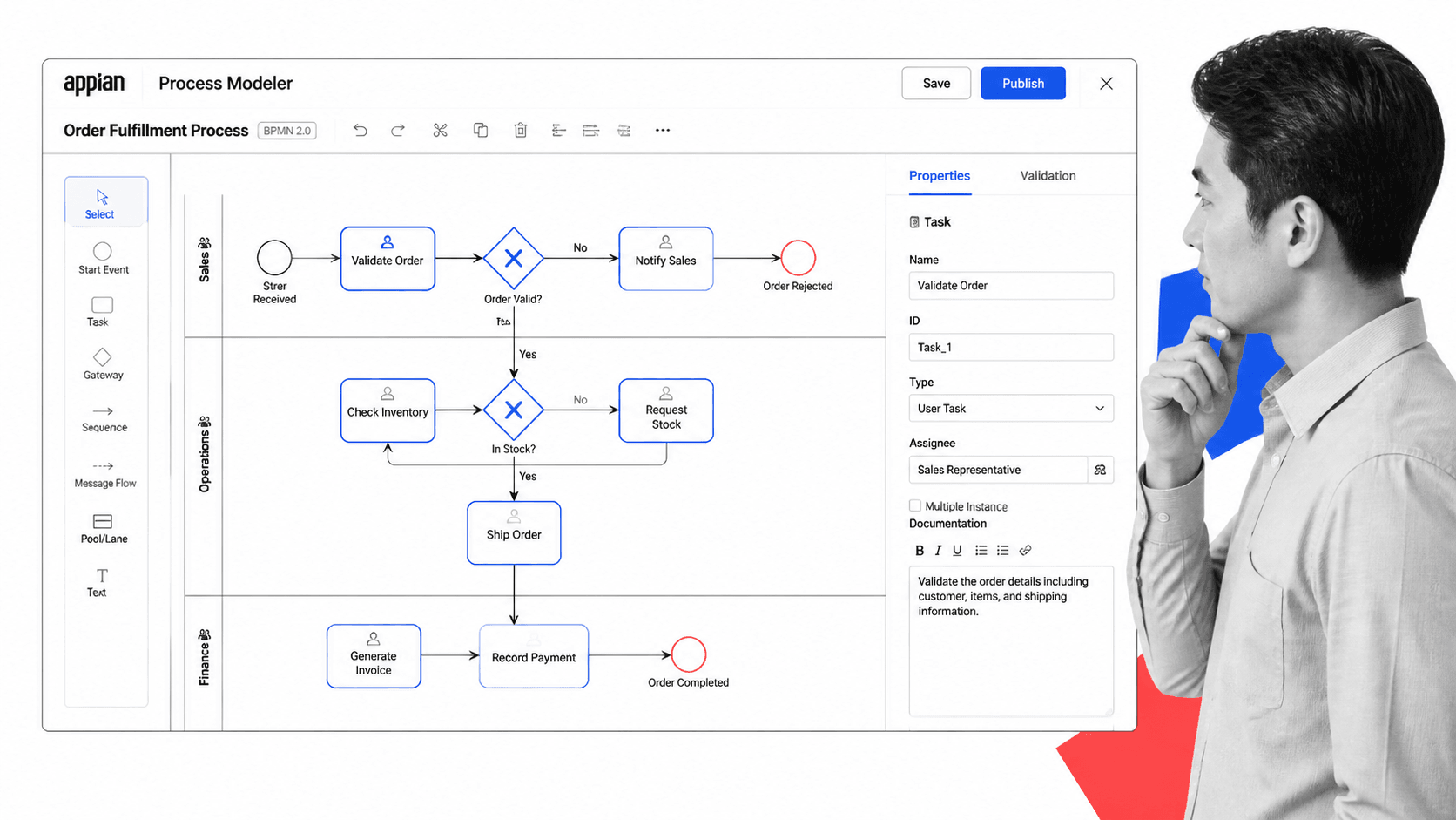 Appian low-code BPMN process modeler with swim lanes and process nodes