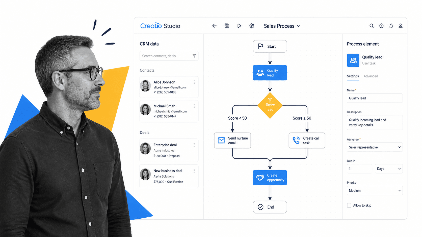 Creatio Studio with CRM-integrated process canvas and workflow nodes