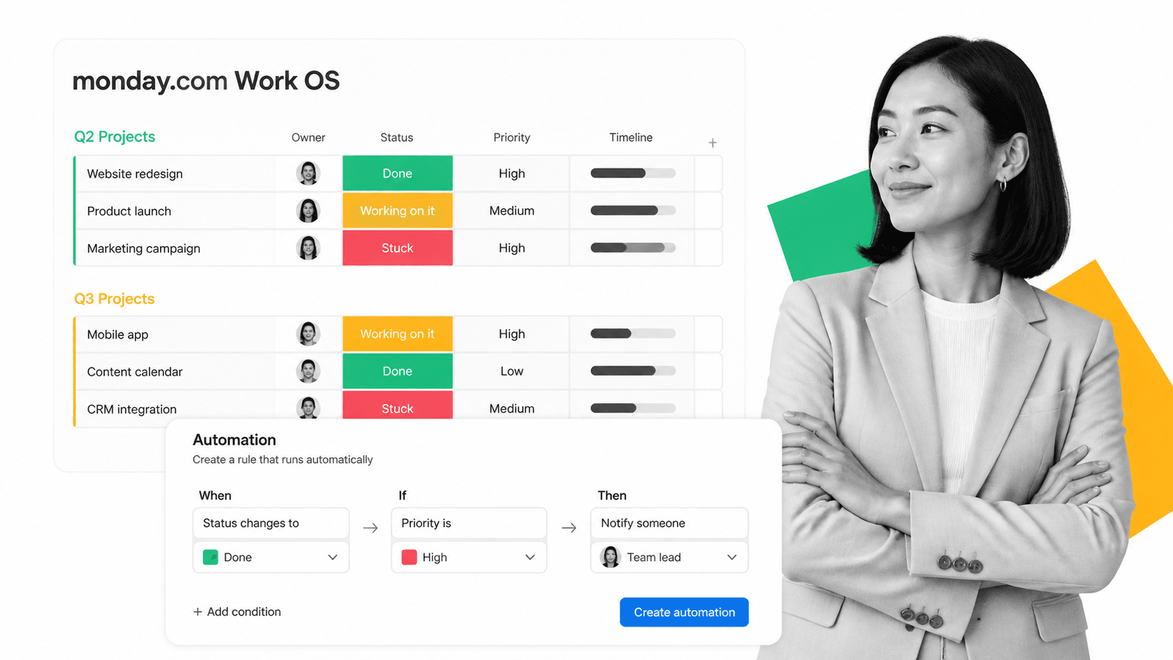 Monday.com Work OS automation builder with trigger-condition-action recipe
