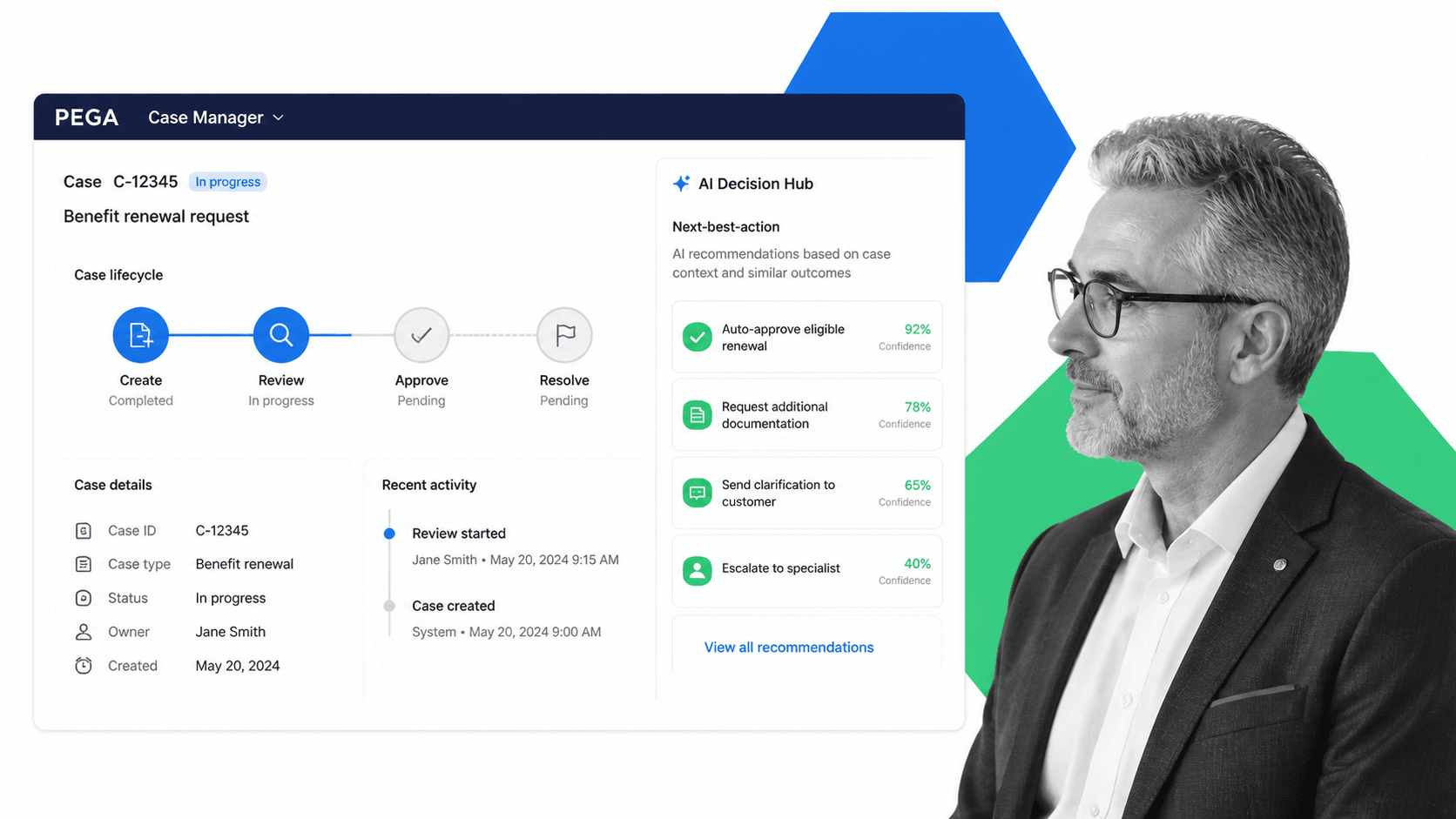 Pega case management with AI decisioning and next-best-action panel
