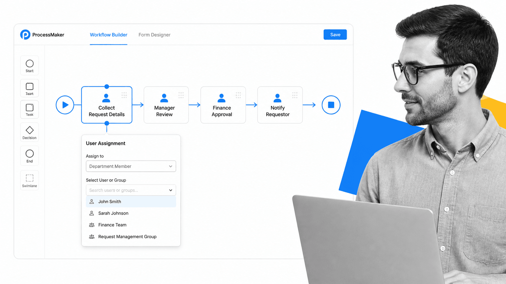 ProcessMaker drag-and-drop workflow builder with sequential task nodes