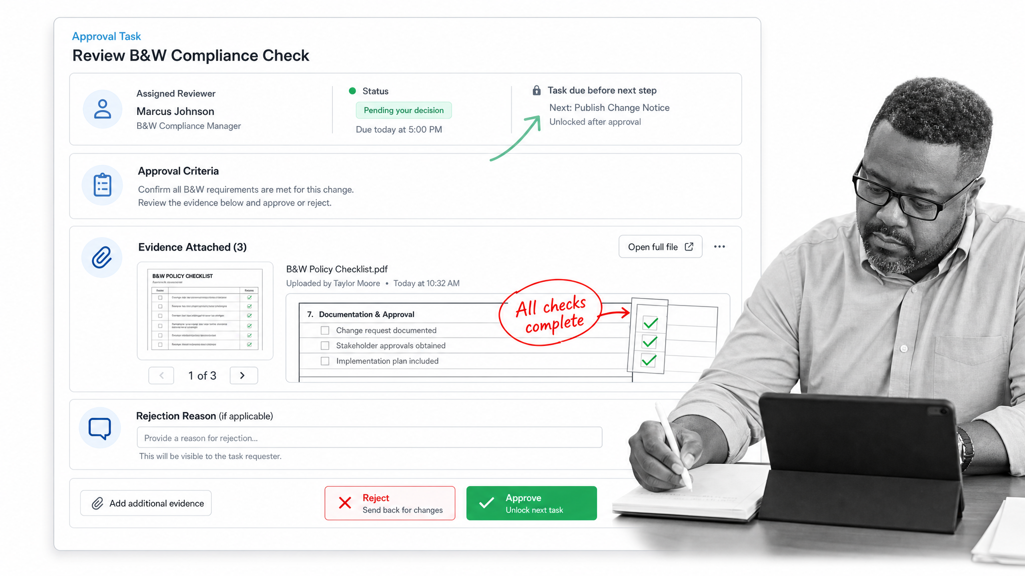 Process Street approval task assigning ownership and review in a BPM template.
