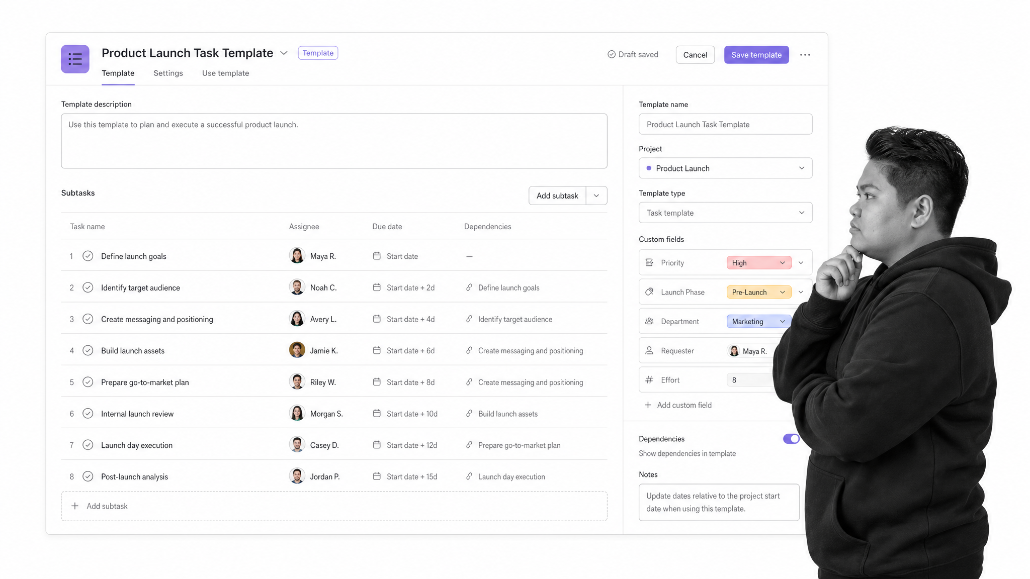 Asana checklist maker interface showing Asana task template with subtasks, assignee, relative due dates, dependencies, and custom fields