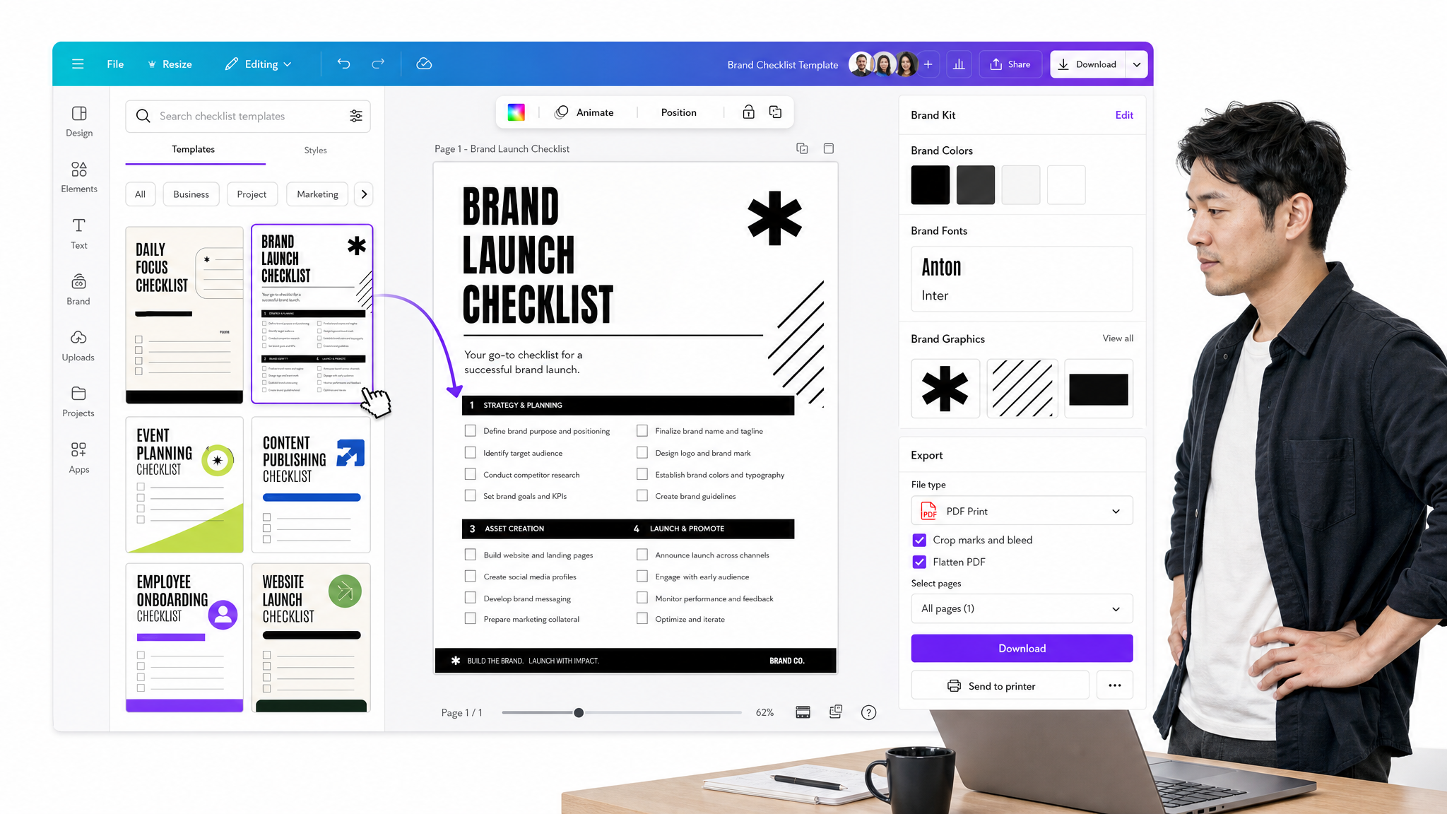 Canva checklist maker interface showing Canva checklist template editor with design canvas, template gallery, brand colors, and export controls
