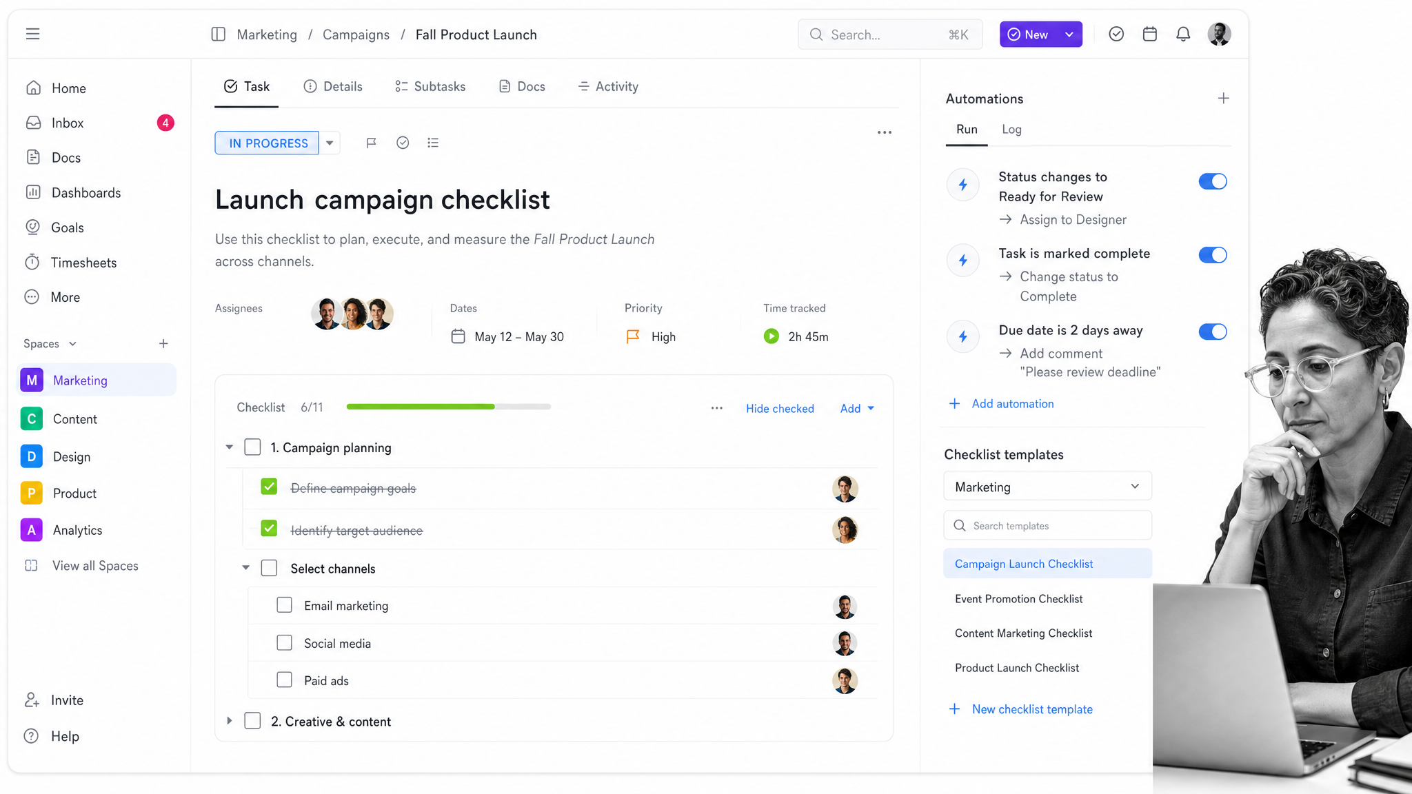 ClickUp checklist maker interface showing ClickUp task with nested checklist, assignees, checklist template, status, and automation sidebar